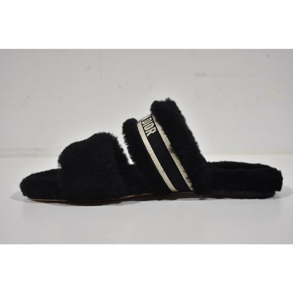 Christian Dior Chez Moi Black Shearling Fur White Logo Slide Flat Sandal 37.5 - Picture 5 of 8